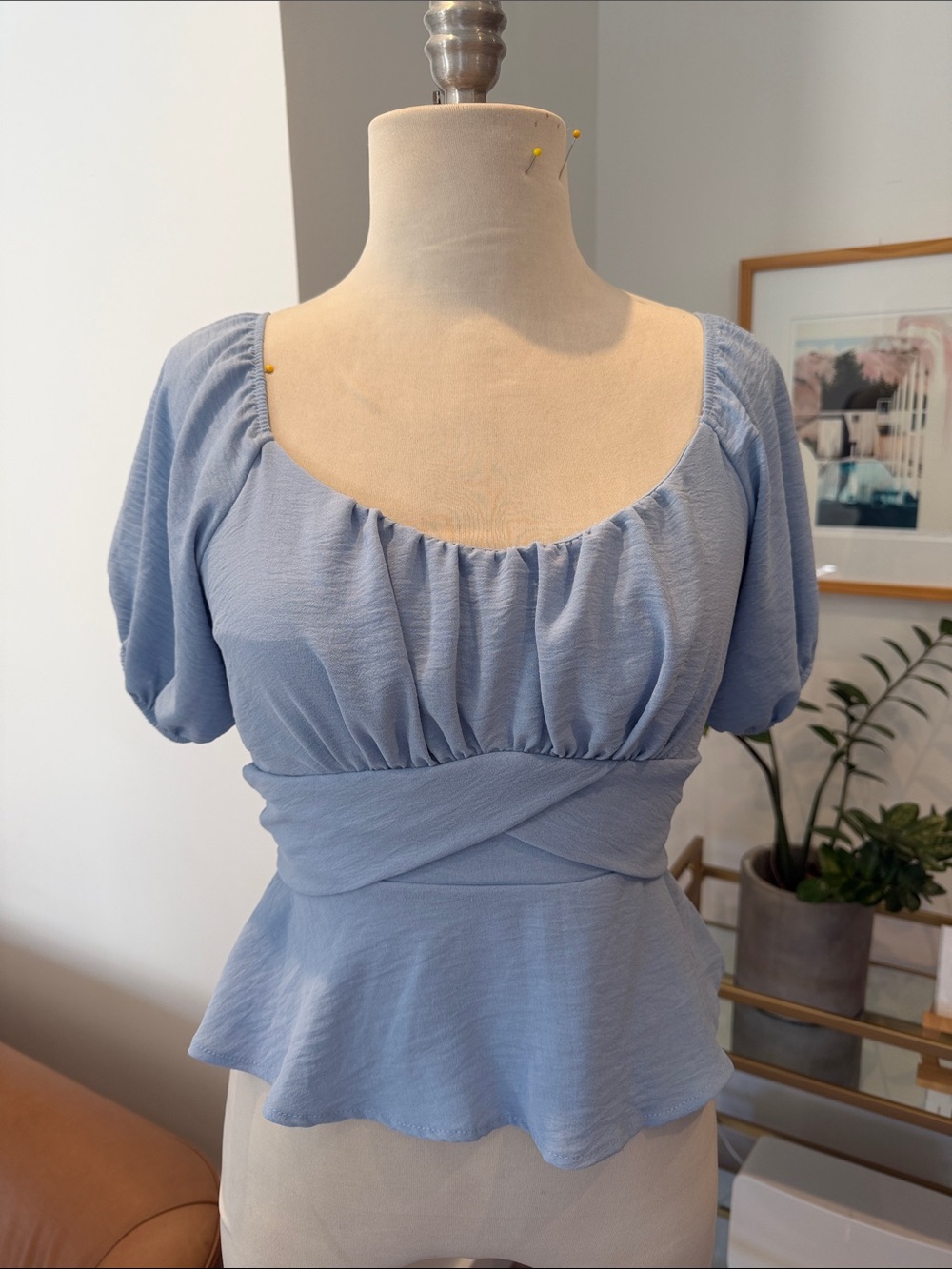 Altar'd State Light Blue Puff Sleeve Peplum Wrap Top